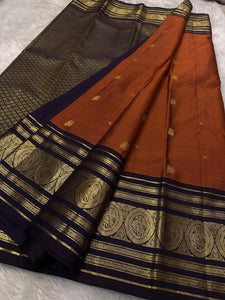 Classic Burnt Orange & Bluish Black 2gm Zari Elegance Kanchipuram Handloom Silk Saree SS24235