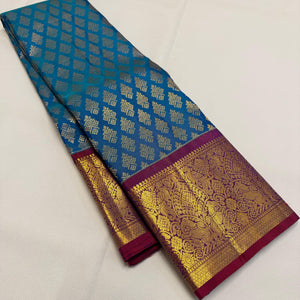 Classic Peacock Blue & Wine Red 1gm Zari Bridal Elegance Kanchipuram Handloom Silk Saree SS23689