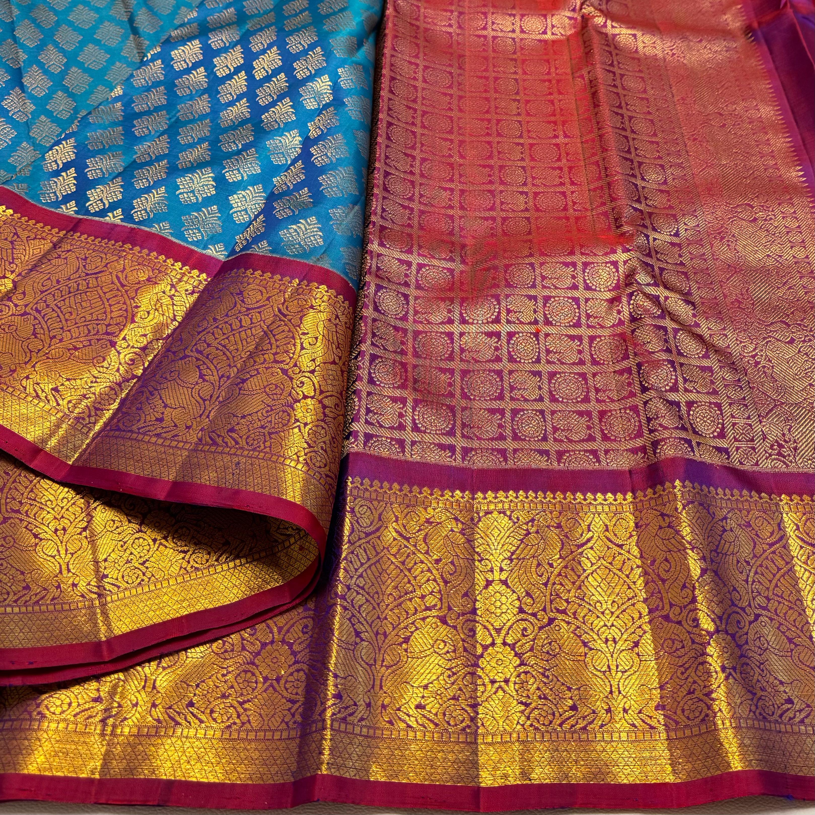 Classic Peacock Blue & Wine Red 1gm Zari Bridal Elegance Kanchipuram Handloom Silk Saree SS23689