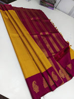 Load image into Gallery viewer, Mustard &amp; Berry Pink 2gm Zari Elegance Kanchipuram Handloom Silk Saree SS20579
