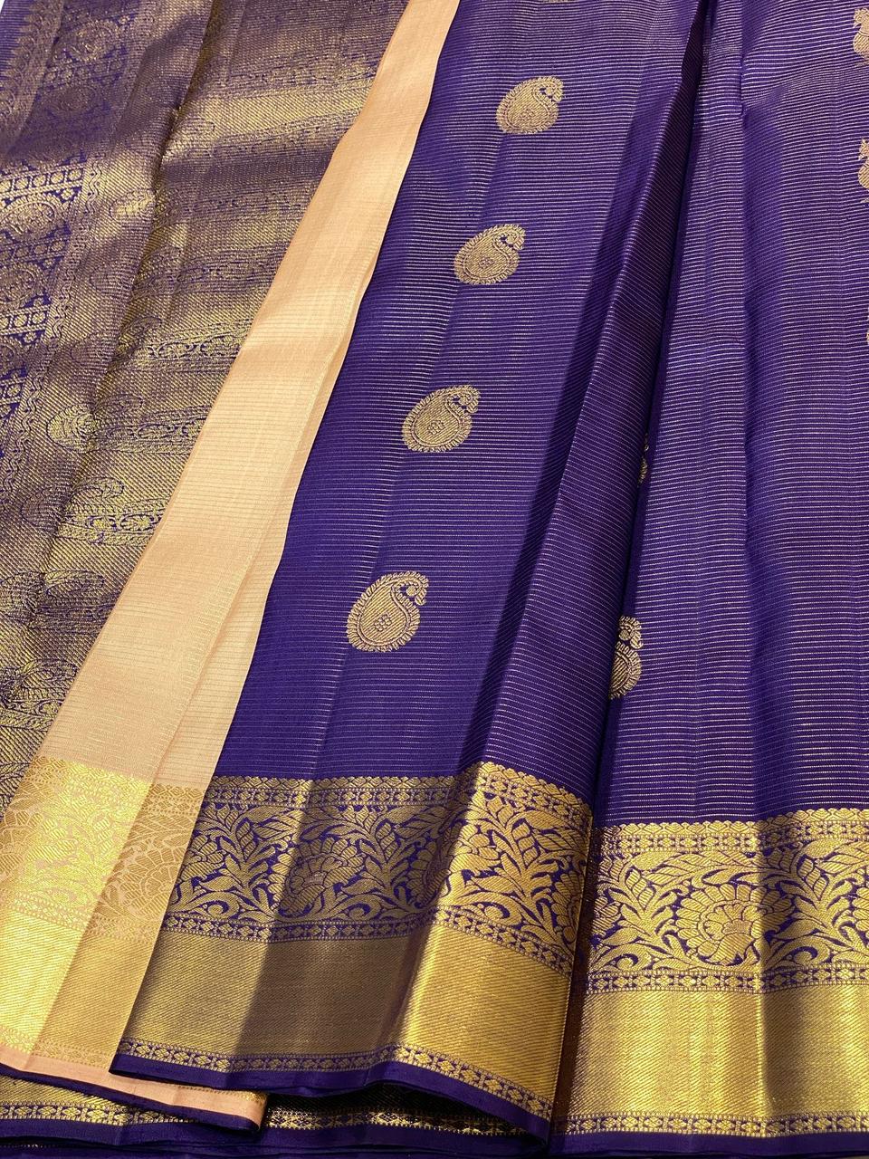 Classic Navy Blue & Bisque Beige 2gm Zari Vaira Oosi Elegance Kanchipuram Handloom Silk Saree SS24615