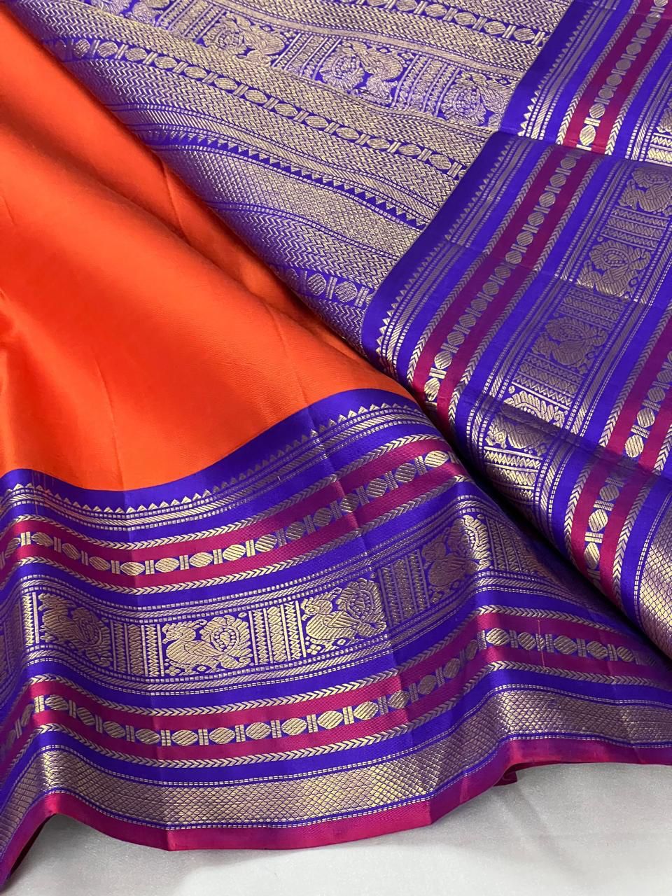 Classic Orange & Robin Blue 2gm Zari Elegance Kanchipuram Handloom Silk Saree SS24612