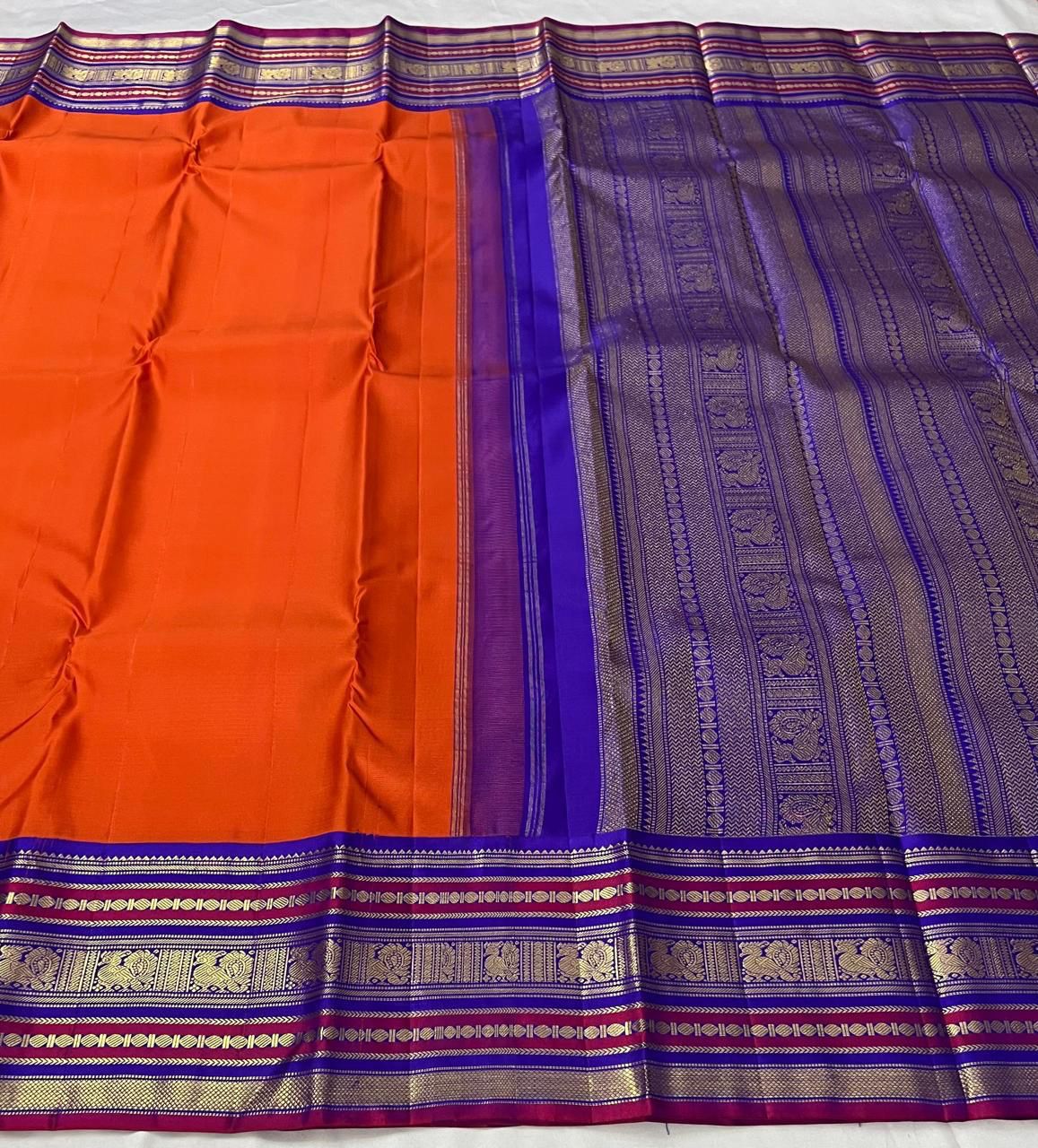 Classic Orange & Robin Blue 2gm Zari Elegance Kanchipuram Handloom Silk Saree SS24612