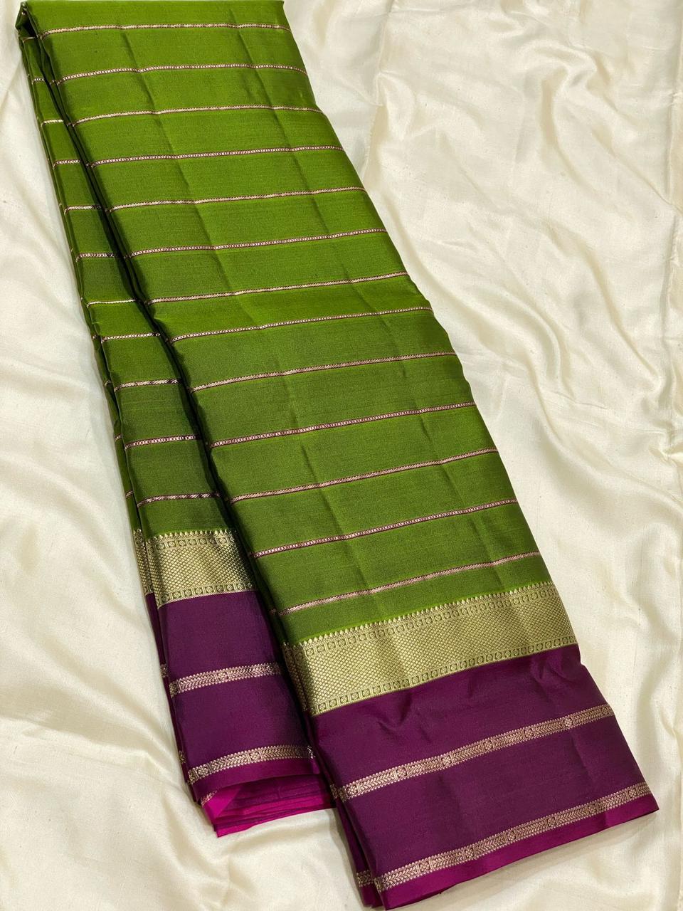 Classic Olive Green & Berry Plum 2gm Zari Beldari  Elegance Kanchipuram Handloom Silk Saree SS24601