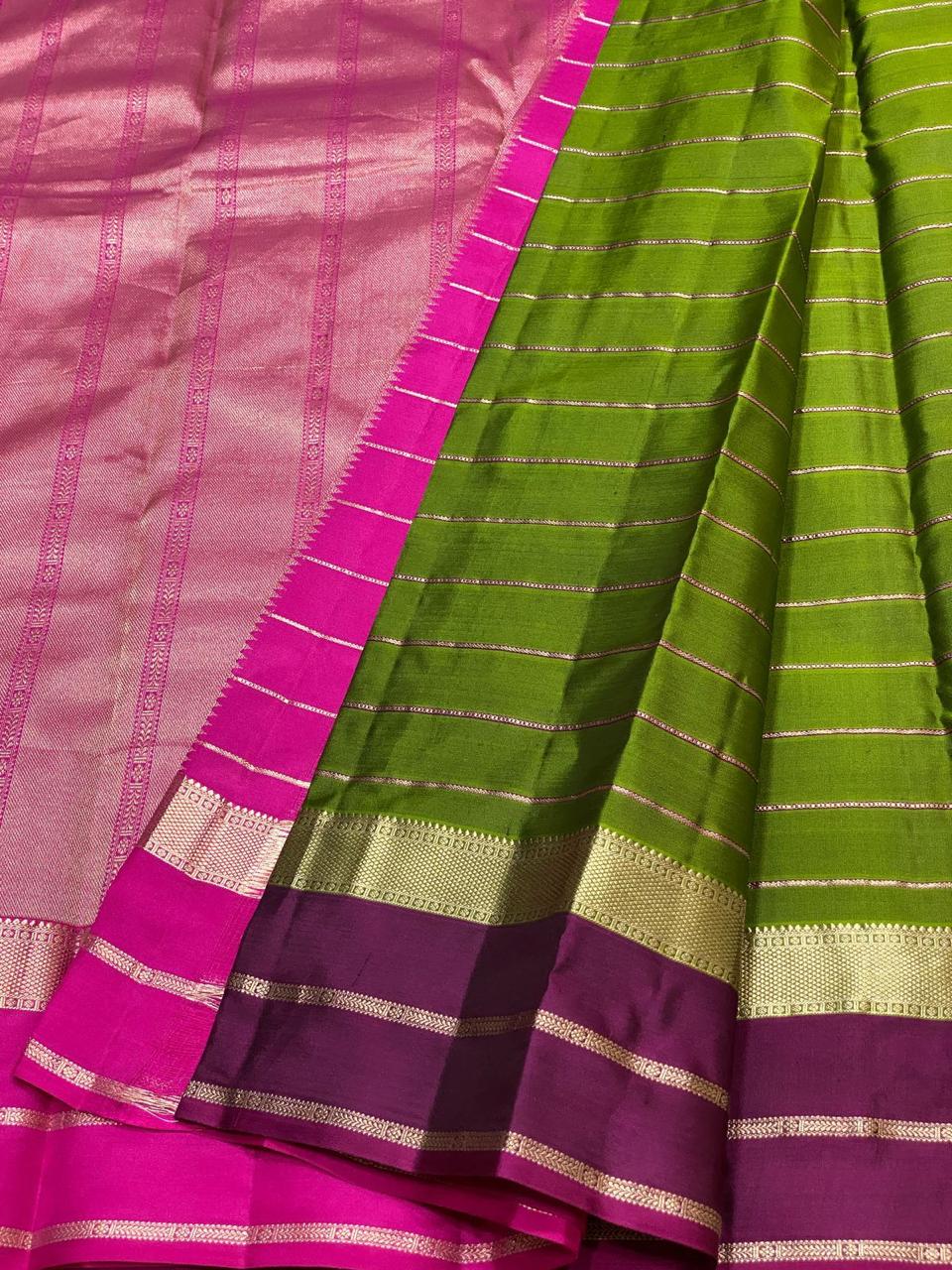 Classic Olive Green & Berry Plum 2gm Zari Beldari  Elegance Kanchipuram Handloom Silk Saree SS24601