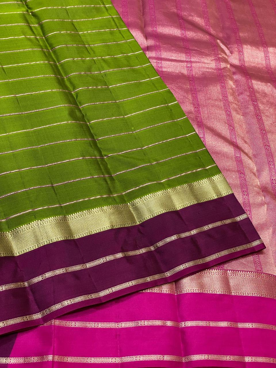 Classic Olive Green & Berry Plum 2gm Zari Beldari  Elegance Kanchipuram Handloom Silk Saree SS24601