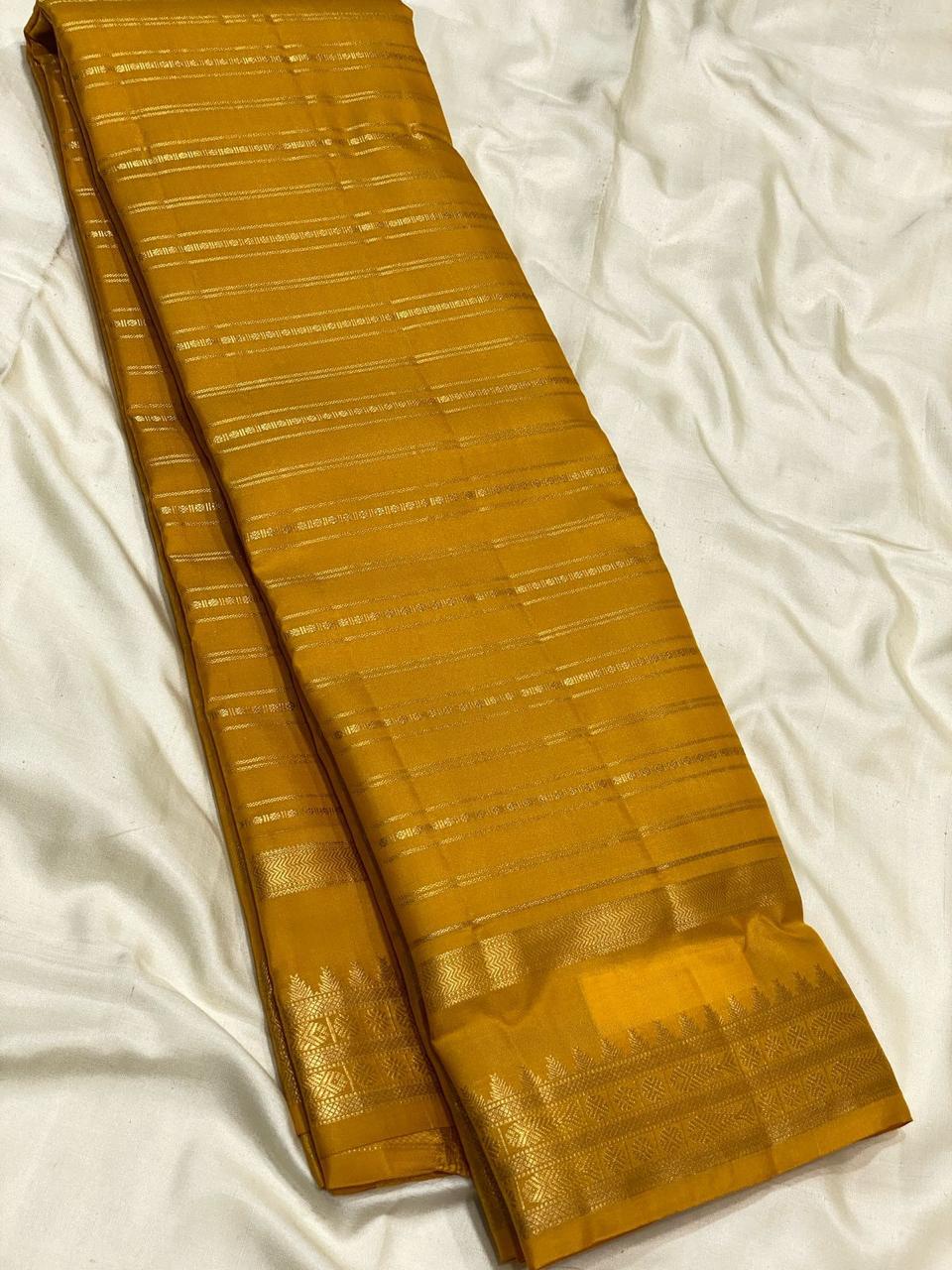 Classic Mustard 2gm Zari Beldari Elegance Kanchipuram Handloom Silk Saree SS24602