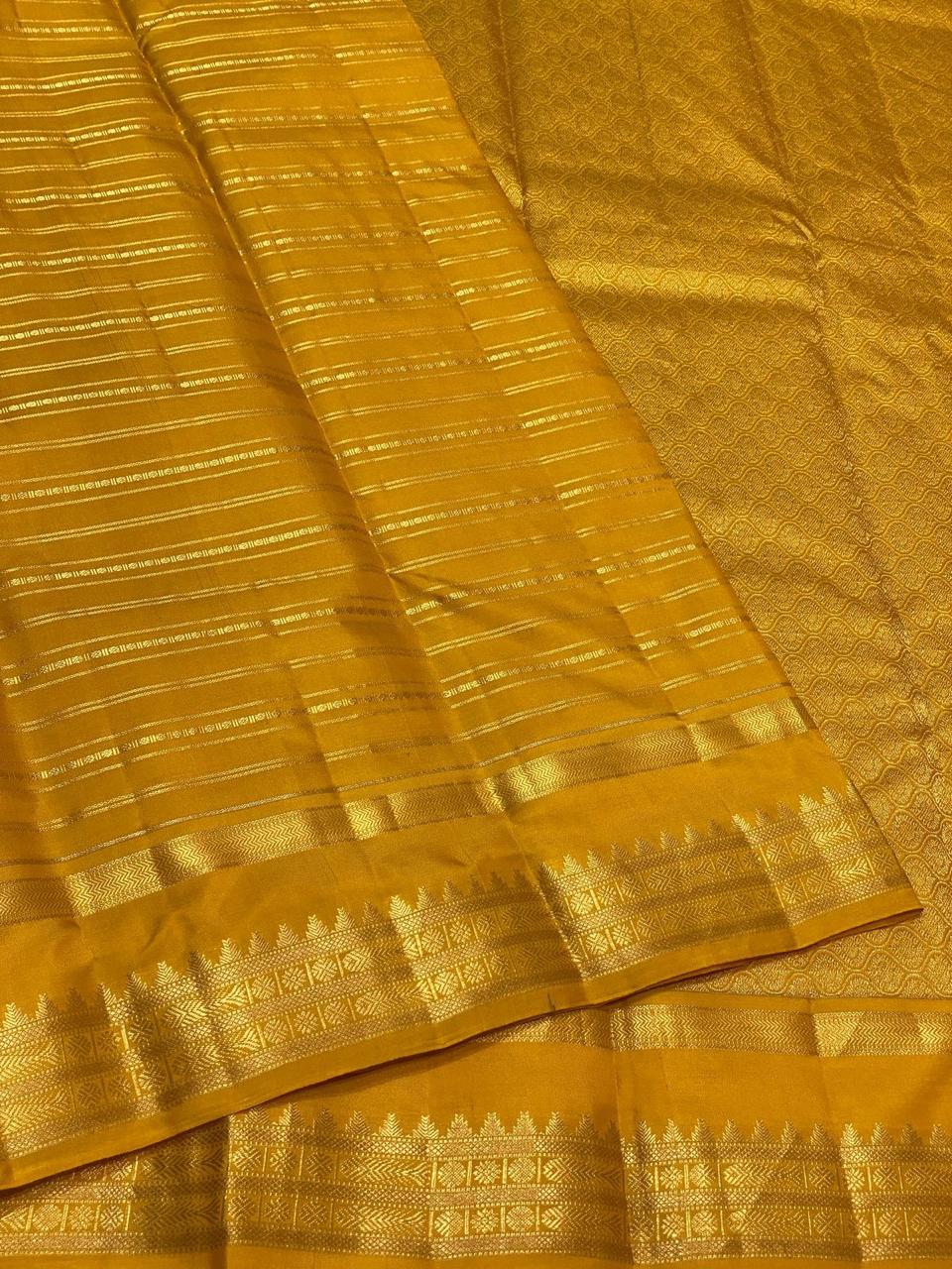 Classic Mustard 2gm Zari Beldari Elegance Kanchipuram Handloom Silk Saree SS24602