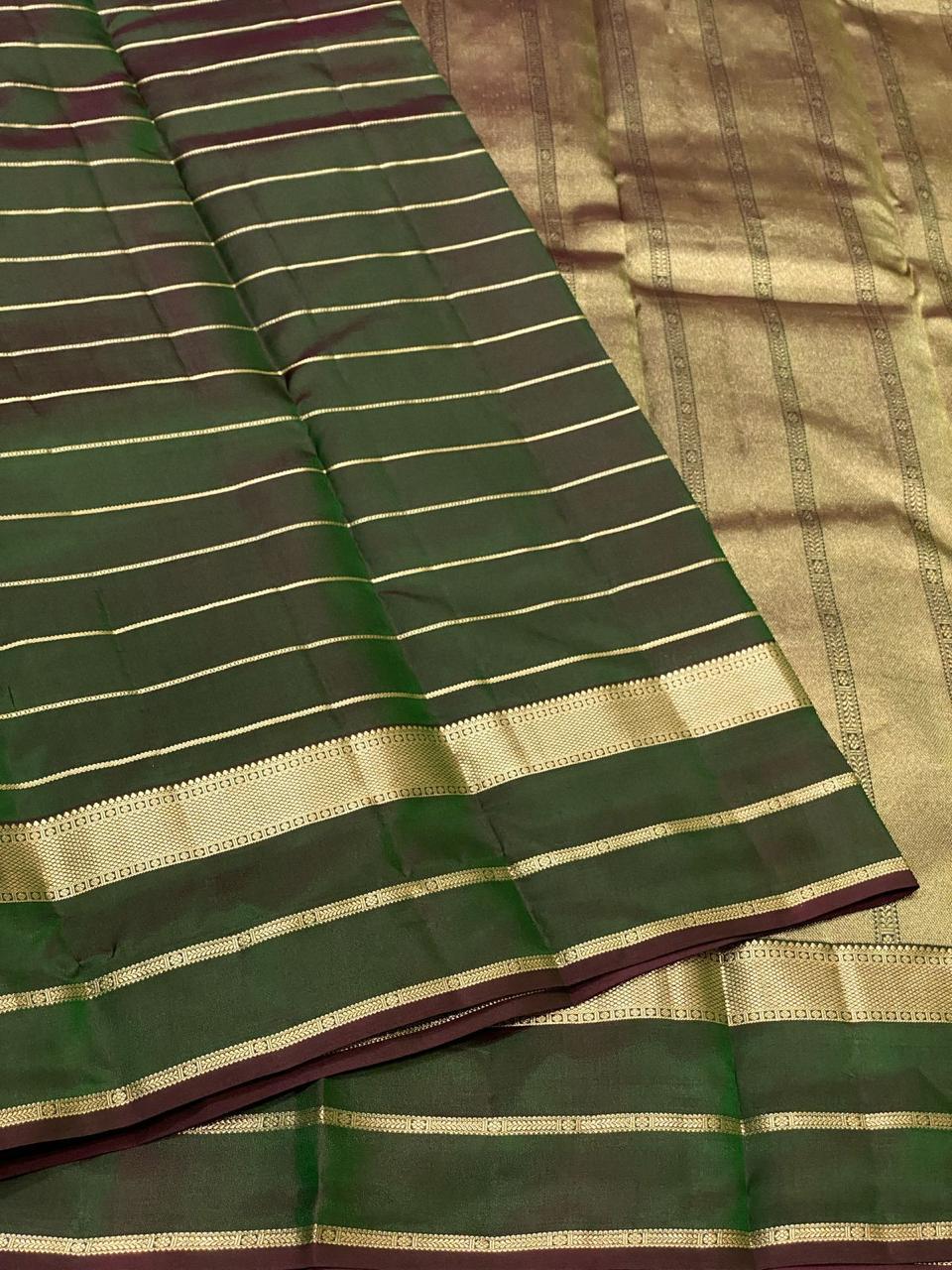 Classic Olive Green 2gm Zari Beldari Elegance Kanchipuram Handloom Silk Saree SS24606