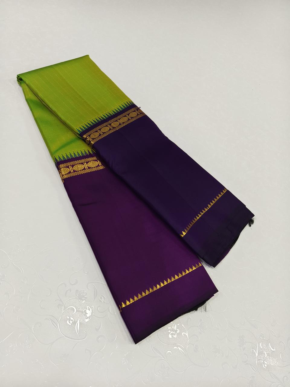 Classic Spring Green & Berry Plum 2gm Zari Vaira Oosi Elegance Kanchipuram Handloom Silk Saree SS24600