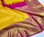 Load image into Gallery viewer, Classic Golden Yellow &amp; Deep Pink 2gm Silver Zari Elegance Kanchipuram Handloom Silk Saree SS24597
