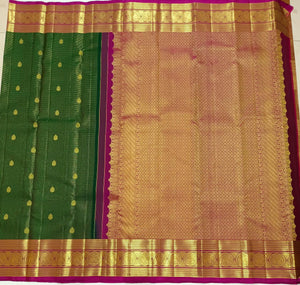 Classic Bottle Green & Magenta 2gm Zari Vaira Oosi Elegance Kanchipuram Handloom Silk Saree SS24596