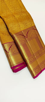 Load image into Gallery viewer, Classic Mustard Gold &amp; Rani Pink 2gm Zari Bridal Elegance Kanchipuram Handloom Silk Saree SS24595
