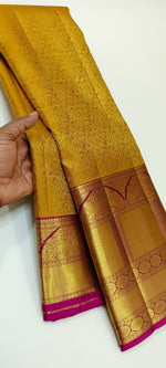 Load image into Gallery viewer, Classic Mustard Gold &amp; Rani Pink 2gm Zari Bridal Elegance Kanchipuram Handloom Silk Saree SS24595
