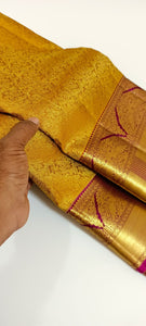 Classic Mustard Gold & Rani Pink 2gm Zari Bridal Elegance Kanchipuram Handloom Silk Saree SS24595