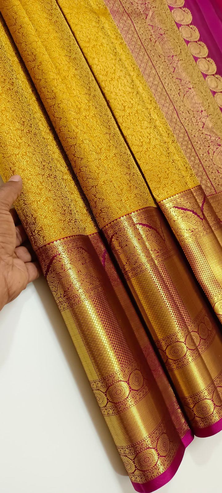 Classic Mustard Gold & Rani Pink 2gm Zari Bridal Elegance Kanchipuram Handloom Silk Saree SS24595