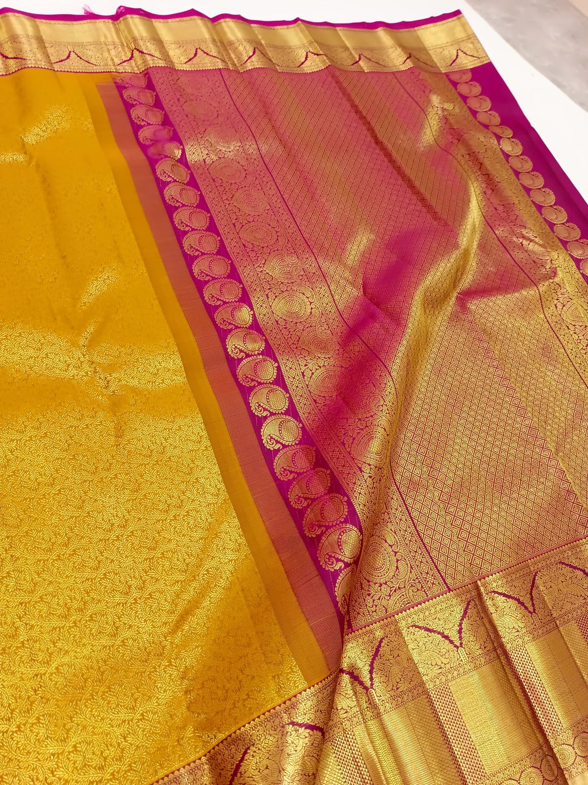 Classic Mustard Gold & Rani Pink 2gm Zari Bridal Elegance Kanchipuram Handloom Silk Saree SS24595