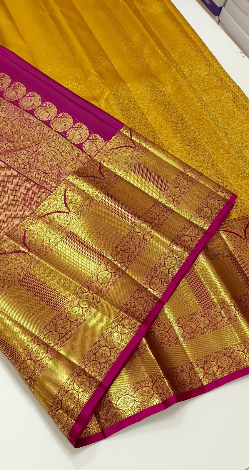 Classic Mustard Gold & Rani Pink 2gm Zari Bridal Elegance Kanchipuram Handloom Silk Saree SS24595