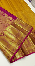 Load image into Gallery viewer, Classic Mustard Gold &amp; Rani Pink 2gm Zari Bridal Elegance Kanchipuram Handloom Silk Saree SS24595
