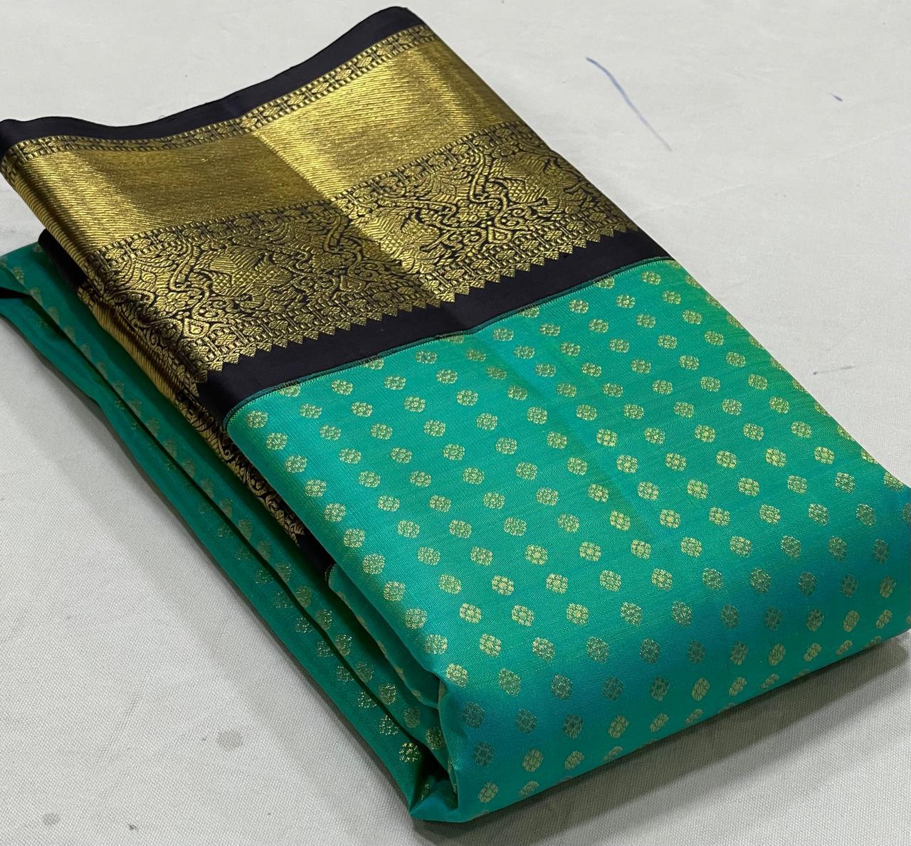 Classic Sea Green & Charcoal Black 3gm Zari Elegance Kanchipuram Handloom Silk Saree SS24593