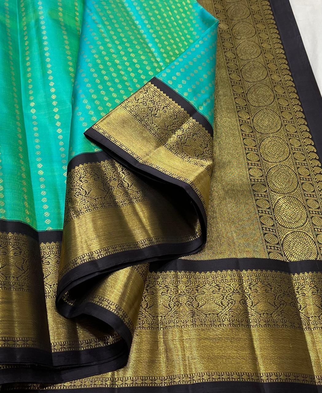 Classic Sea Green & Charcoal Black 3gm Zari Elegance Kanchipuram Handloom Silk Saree SS24593