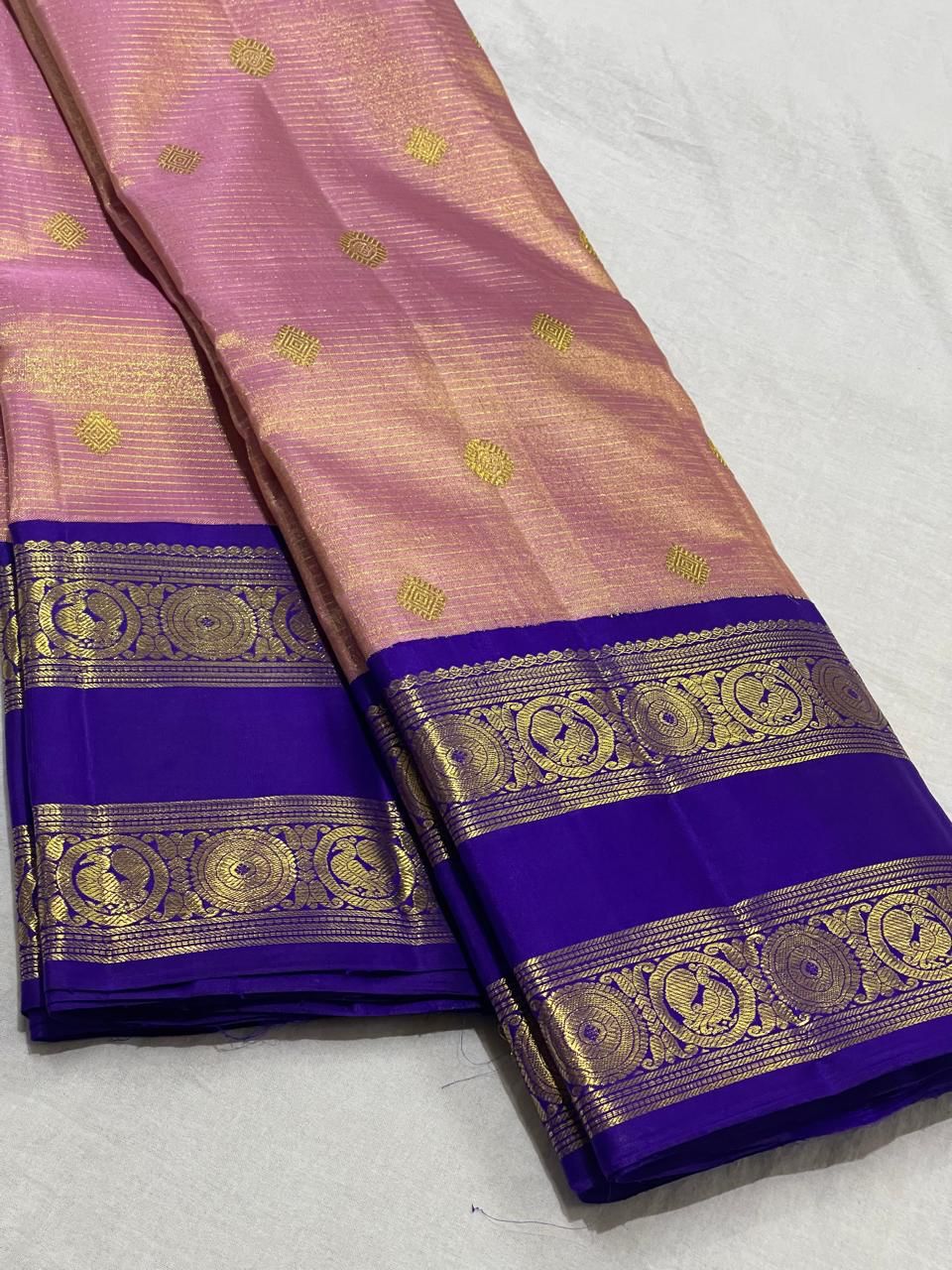 Classic Peachy Pink & Royal Blue 3gm Zari Elegance Kanchipuram Handloom Silk Saree SS24592