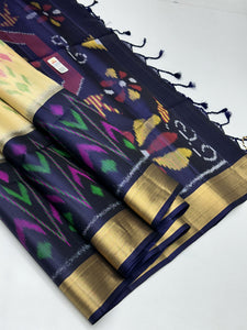 Classic Cream & Navy Blue Pochampalli Elegance Handloom Soft Silk Saree SS24676