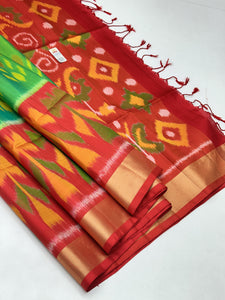 Classic Parrot Green & Orange Pochampalli Elegance Handloom Soft Silk Saree SS24682