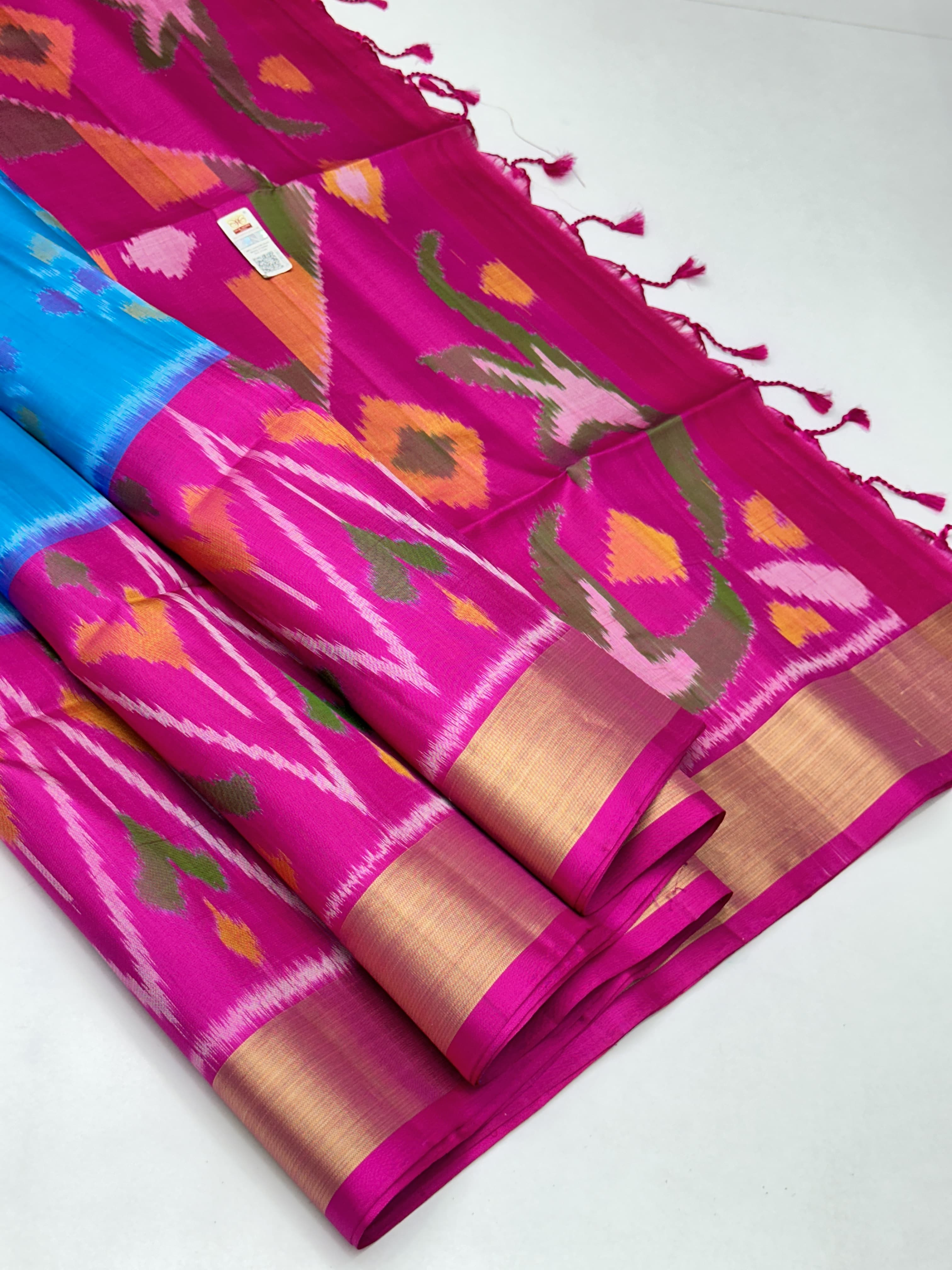 Classic Sky Blue & Deep Pink Pochampalli Elegance Handloom Soft Silk Saree SS24683