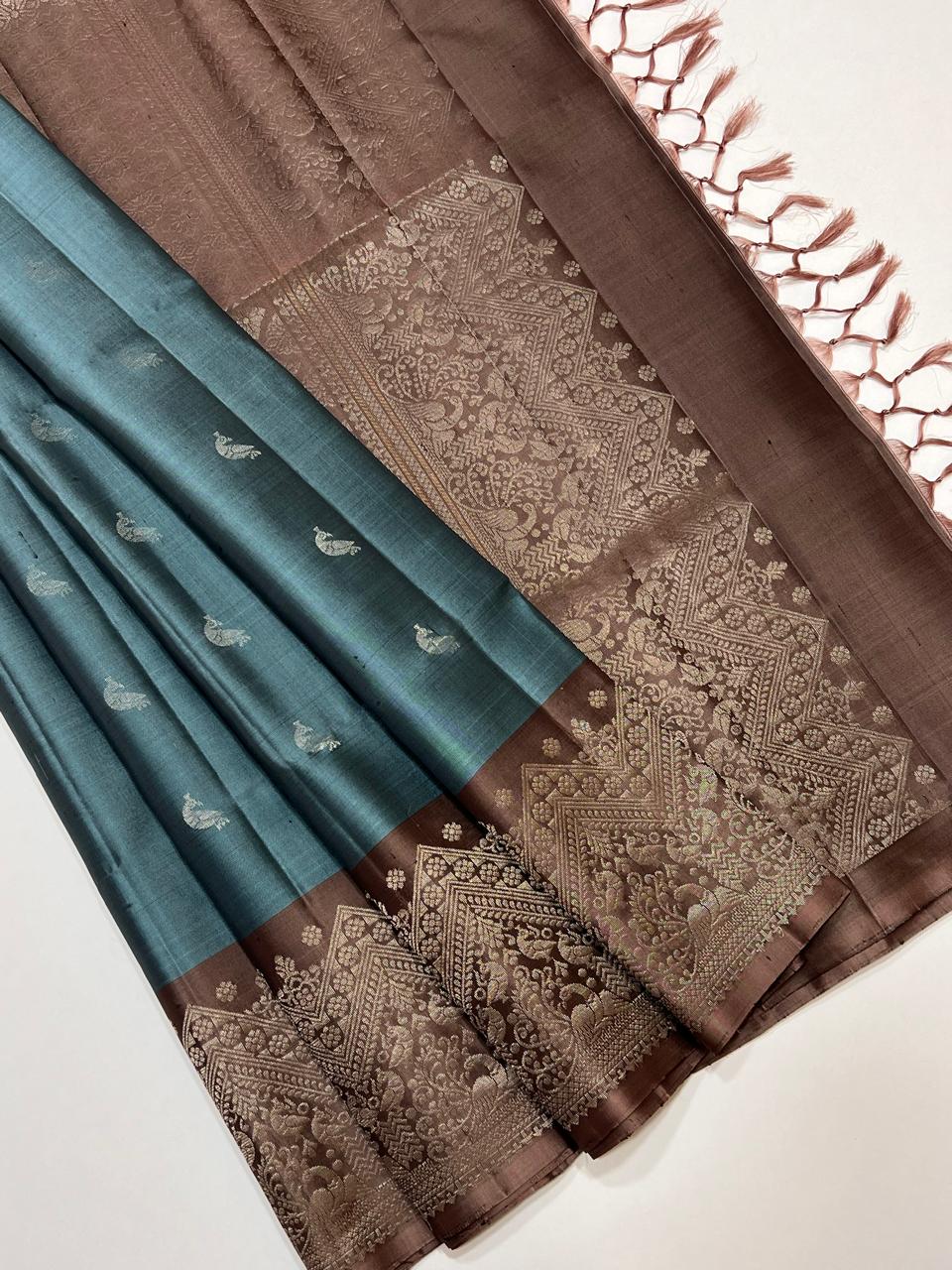 Classic Teal Grey & Dark Cocoa Elegance Handloom Soft Silk Saree SS24662