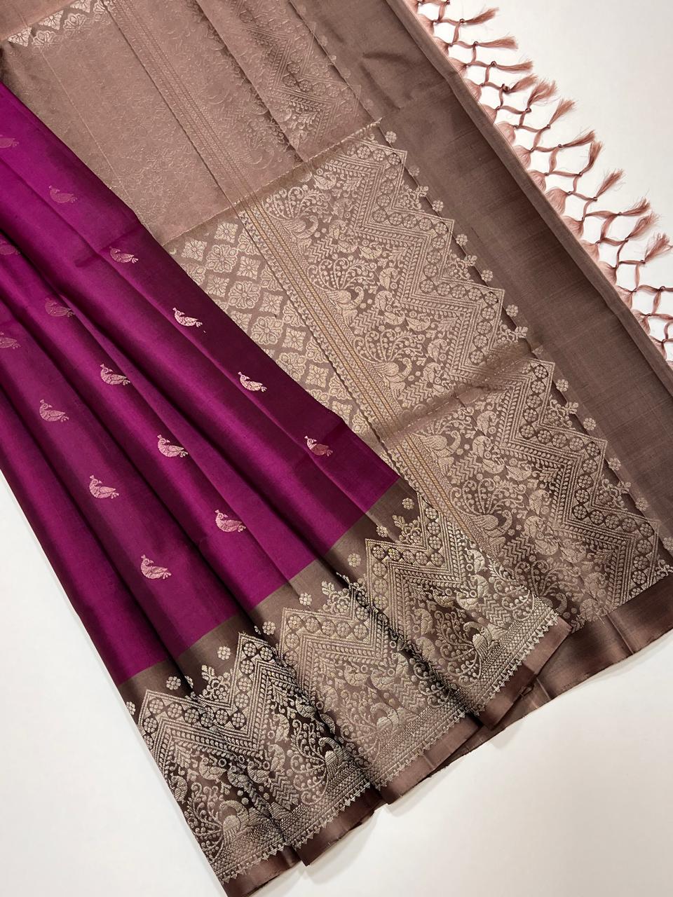 Classic Wine Red & Cocoa Elegance Handloom Soft Silk Saree SS24665