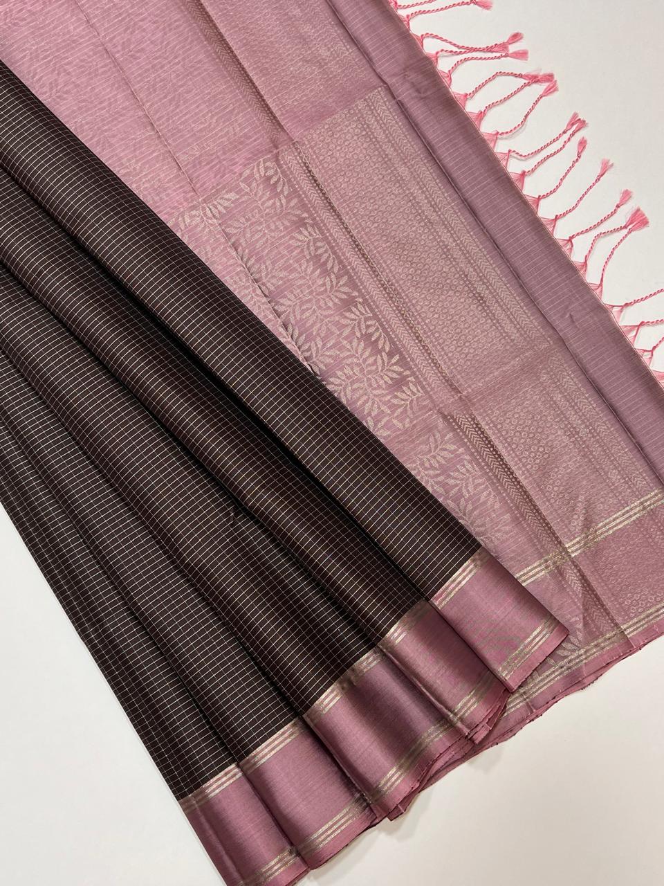 Classic Charcoal Black & Cocoa Elegance Handloom Soft Silk Saree SS24669