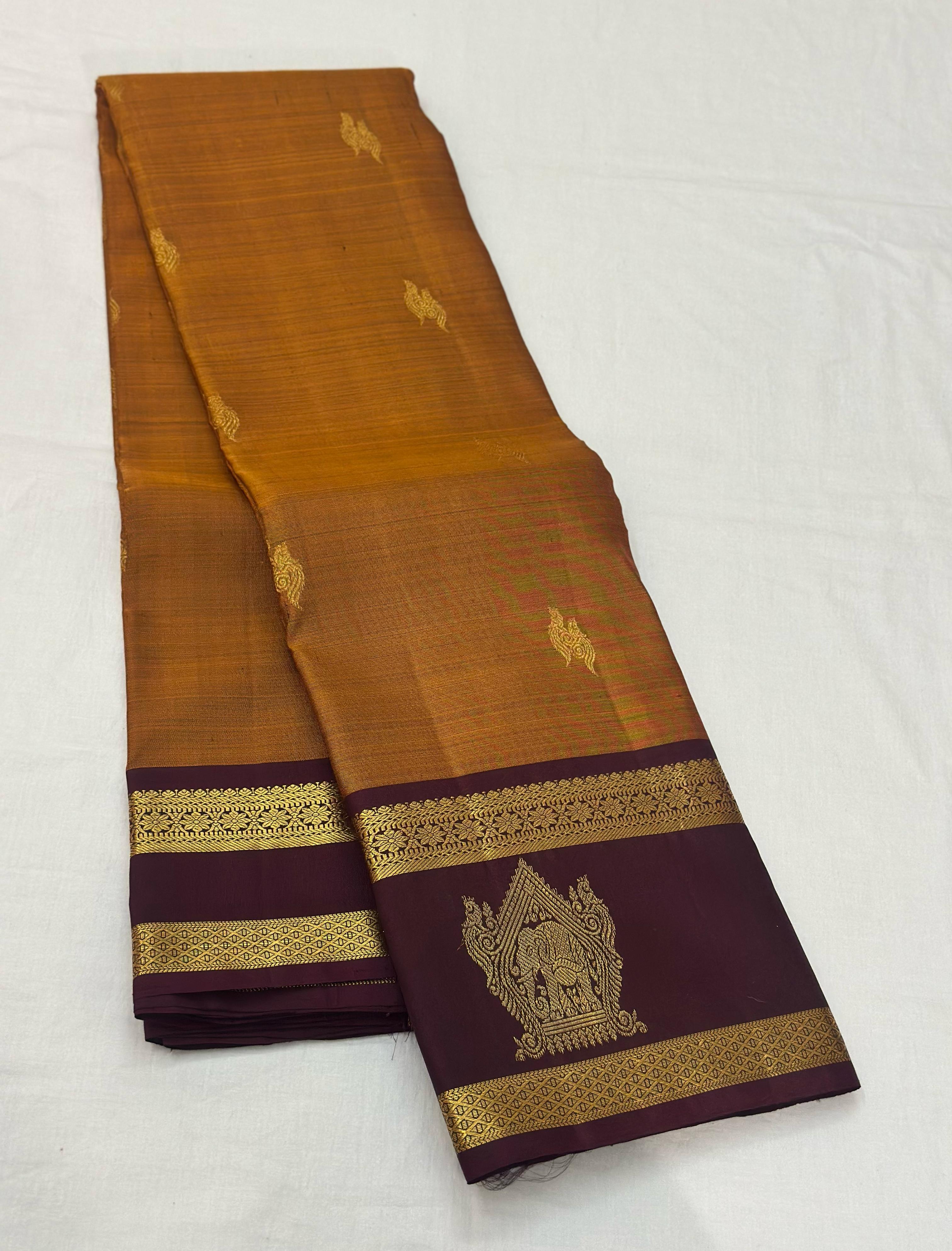 Classic Mustard & Espresso Brown 1gm Zari Elegance Kanchipuram Handloom Silk Saree SS24660