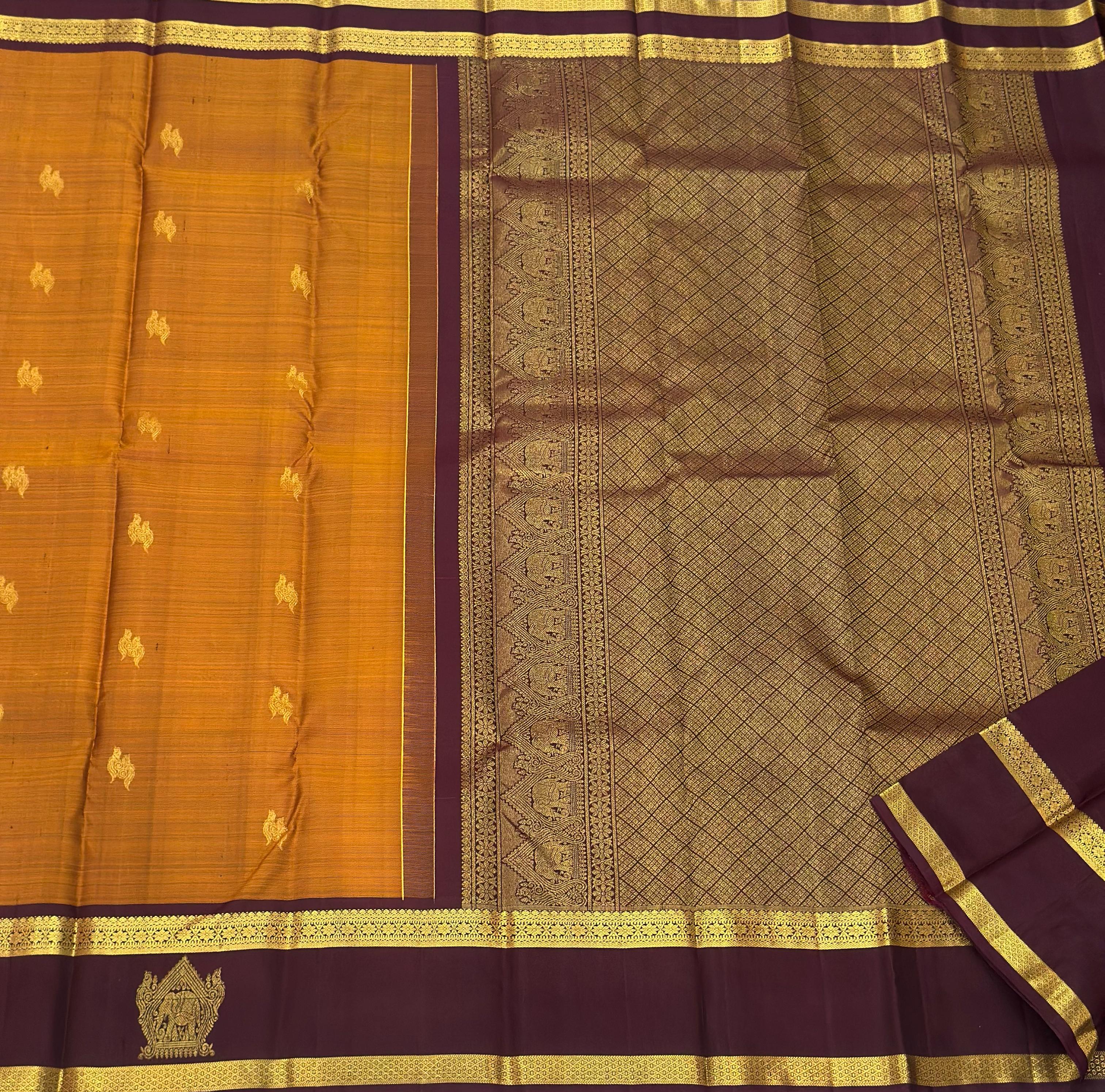 Classic Mustard & Espresso Brown 1gm Zari Elegance Kanchipuram Handloom Silk Saree SS24660