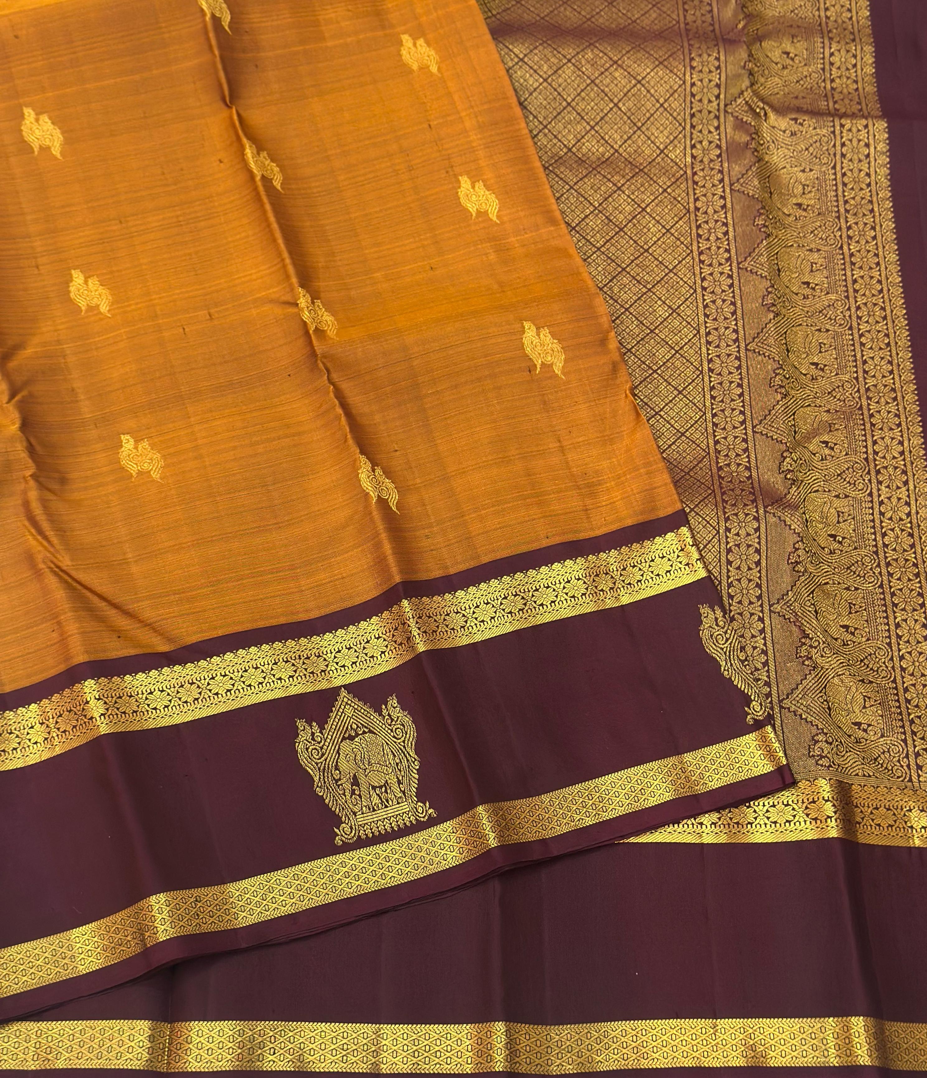 Classic Mustard & Espresso Brown 1gm Zari Elegance Kanchipuram Handloom Silk Saree SS24660