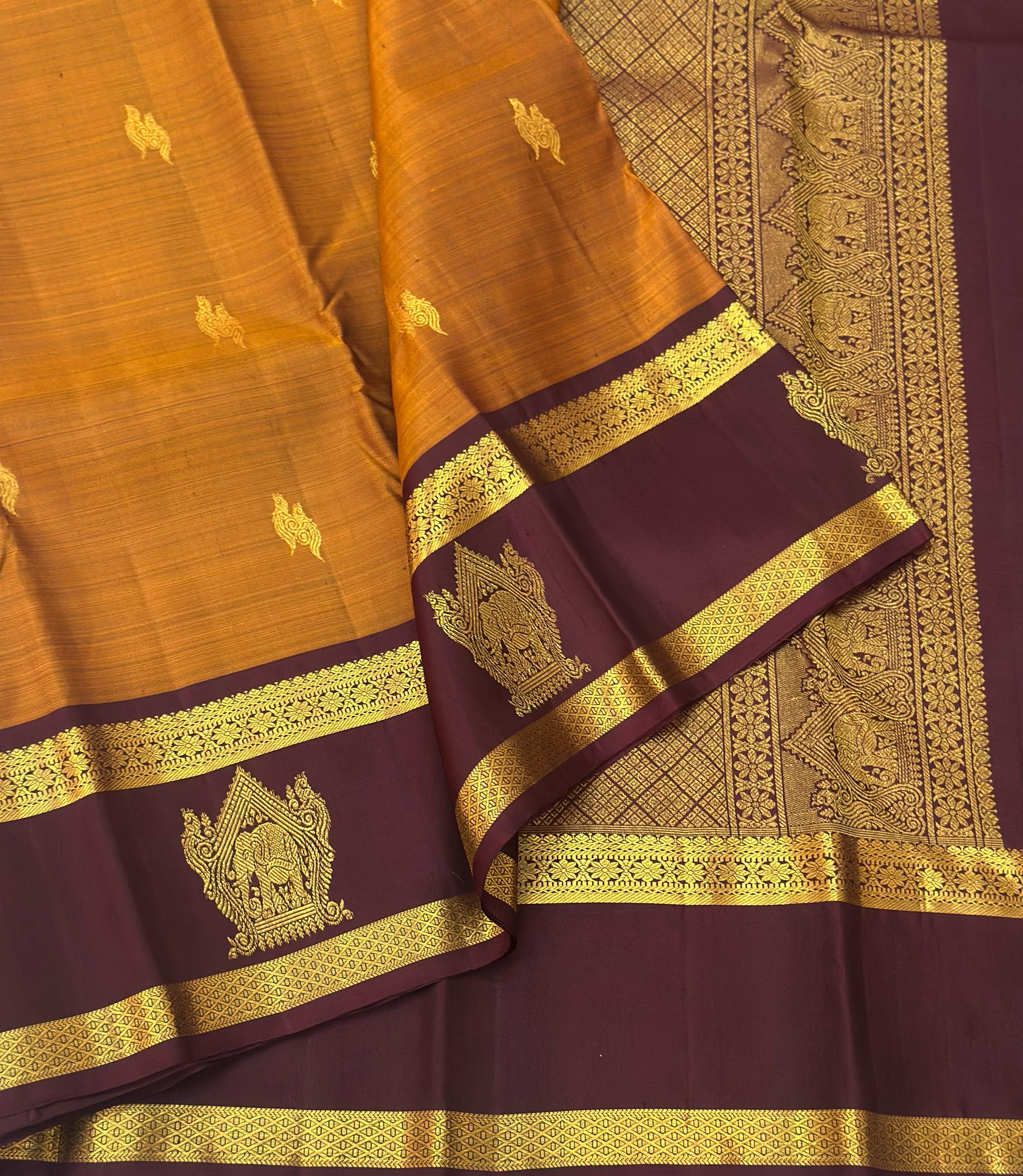 Classic Mustard & Espresso Brown 1gm Zari Elegance Kanchipuram Handloom Silk Saree SS24660