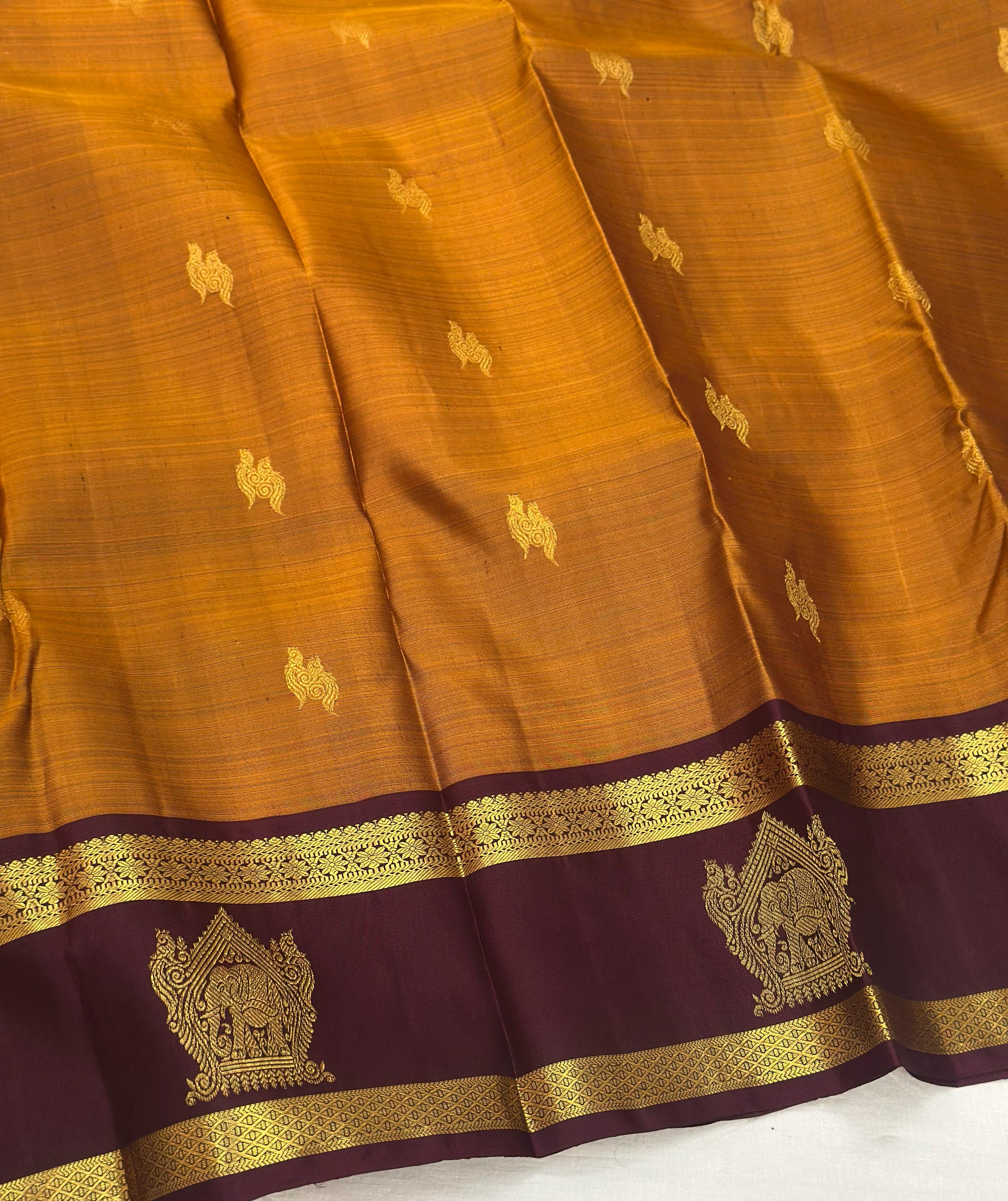 Classic Mustard & Espresso Brown 1gm Zari Elegance Kanchipuram Handloom Silk Saree SS24660