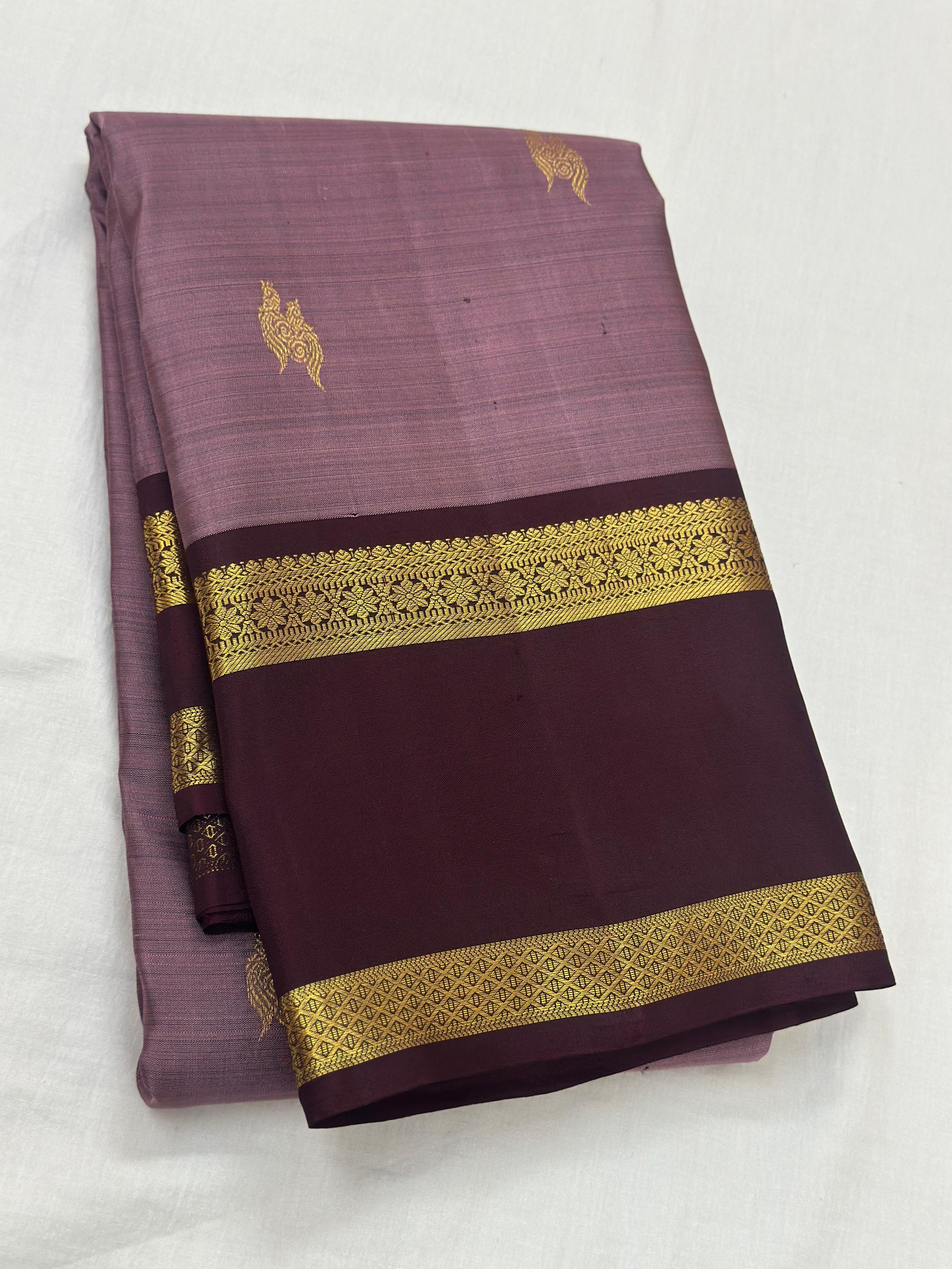 Classic Nude Pink & Espresso Brown 1gm Zari Elegance Kanchipuram Handloom Silk Saree SS24659