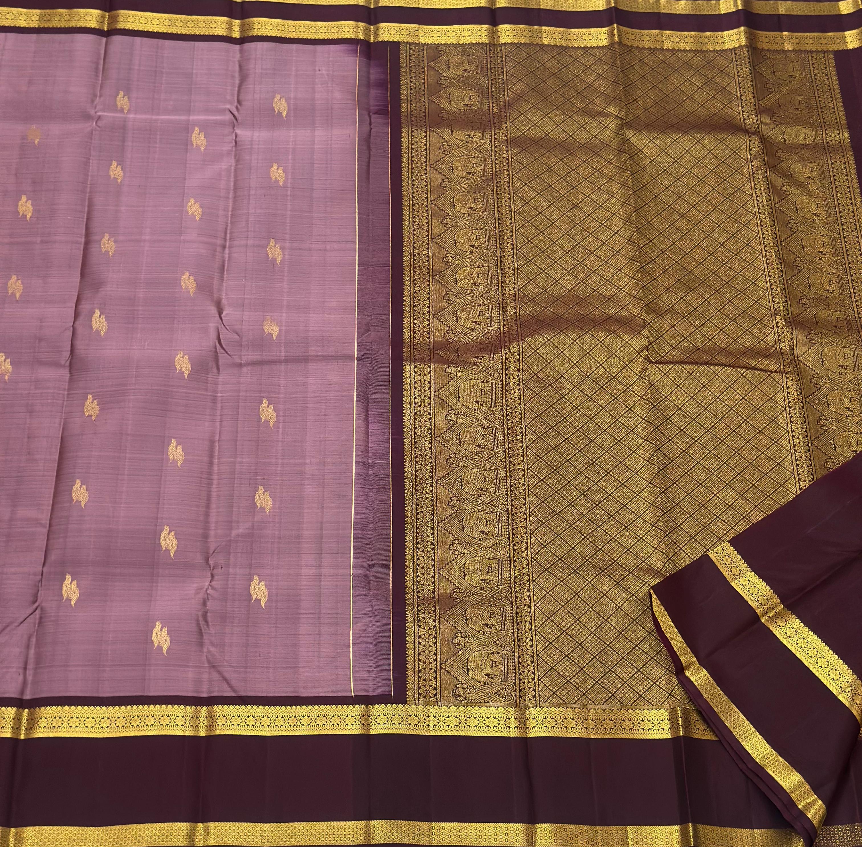 Classic Nude Pink & Espresso Brown 1gm Zari Elegance Kanchipuram Handloom Silk Saree SS24659