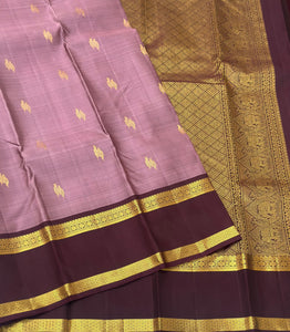 Classic Nude Pink & Espresso Brown 1gm Zari Elegance Kanchipuram Handloom Silk Saree SS24659