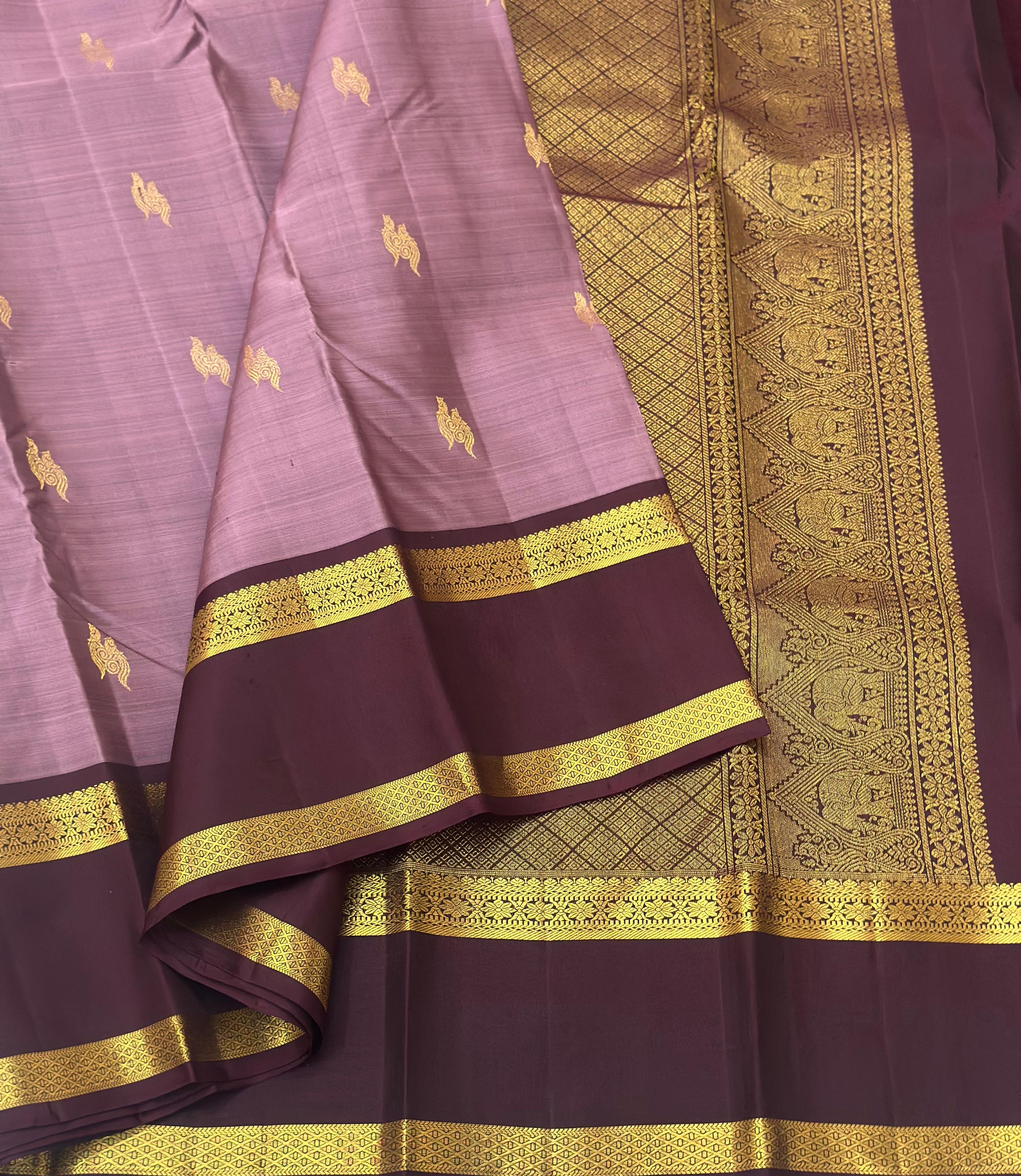 Classic Nude Pink & Espresso Brown 1gm Zari Elegance Kanchipuram Handloom Silk Saree SS24659