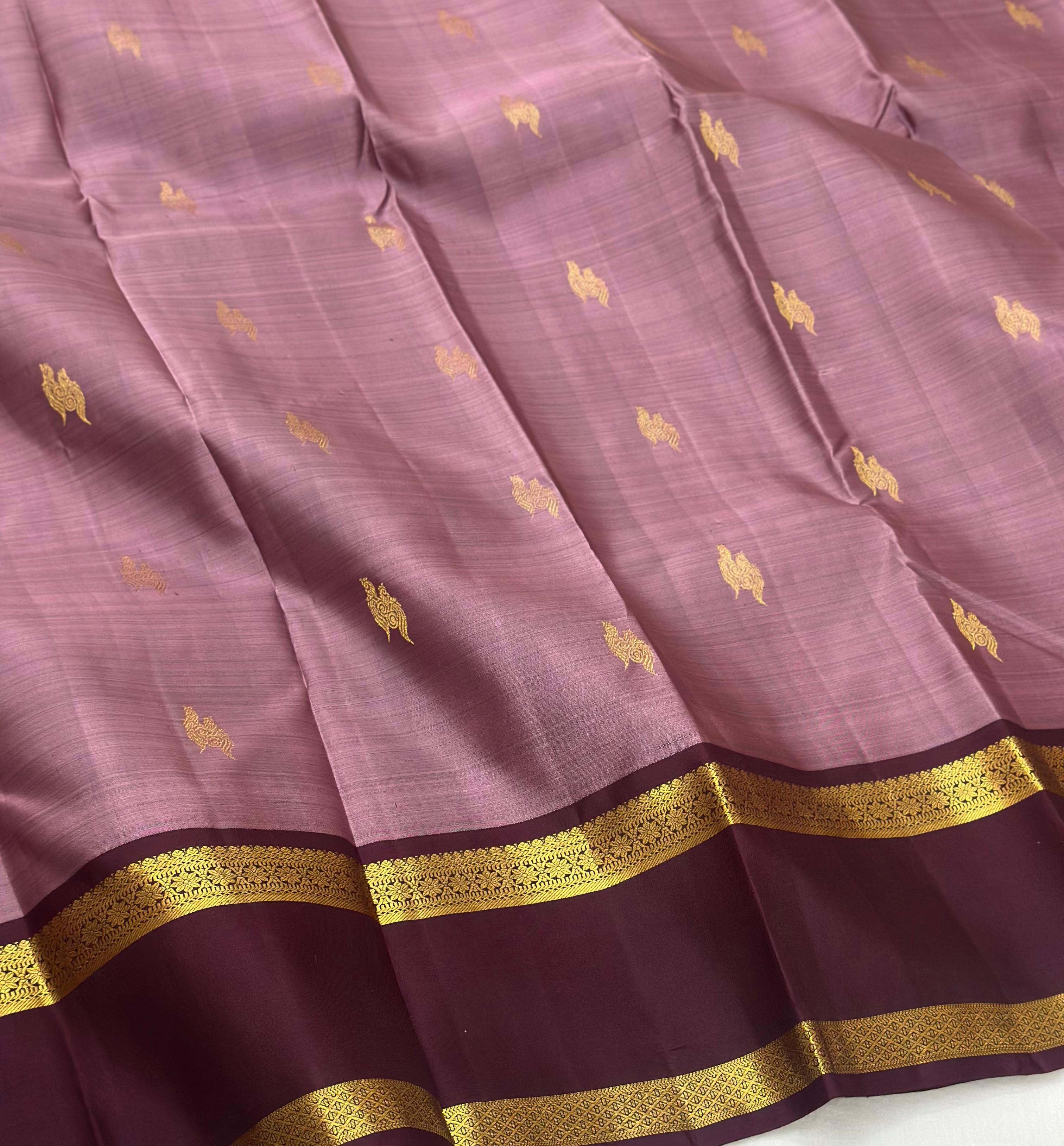 Classic Nude Pink & Espresso Brown 1gm Zari Elegance Kanchipuram Handloom Silk Saree SS24659