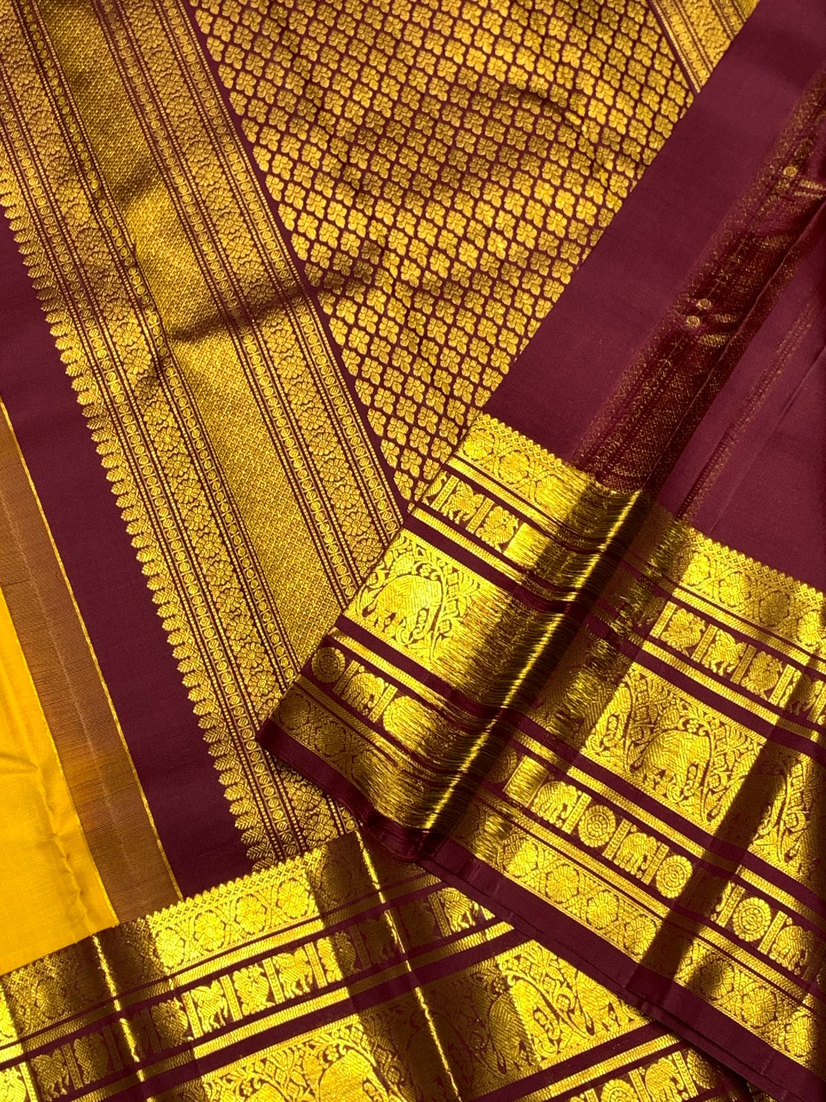 Classic Mango Yellow & Coffee Brown 2gm Zari Bridal Elegance Kanchipuram Handloom Silk Saree SS24785