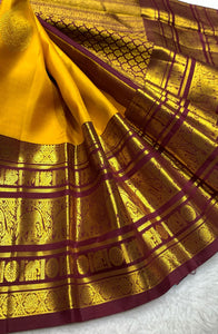 Classic Mango Yellow & Coffee Brown 2gm Zari Bridal Elegance Kanchipuram Handloom Silk Saree SS24785