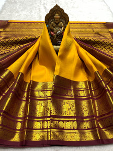 Classic Mango Yellow & Coffee Brown 2gm Zari Bridal Elegance Kanchipuram Handloom Silk Saree SS24785