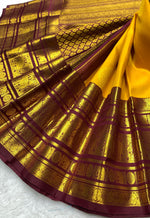 Load image into Gallery viewer, Classic Mango Yellow &amp; Coffee Brown 2gm Zari Bridal Elegance Kanchipuram Handloom Silk Saree SS24785
