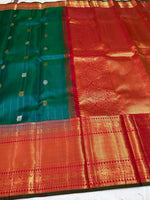 Load image into Gallery viewer, Classic Peacock Green &amp; Red 2gm Zari Elegance Kanchipuram Handloom Silk Saree SS24803
