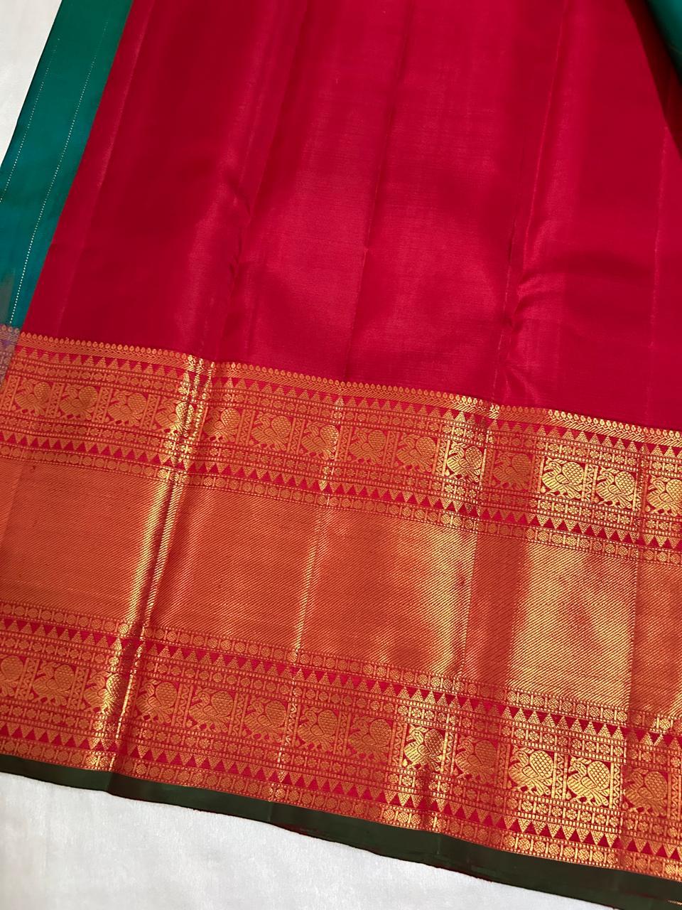 Classic Peacock Green & Red 2gm Zari Elegance Kanchipuram Handloom Silk Saree SS24803