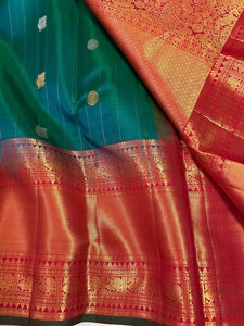 Classic Peacock Green & Red 2gm Zari Elegance Kanchipuram Handloom Silk Saree SS24803