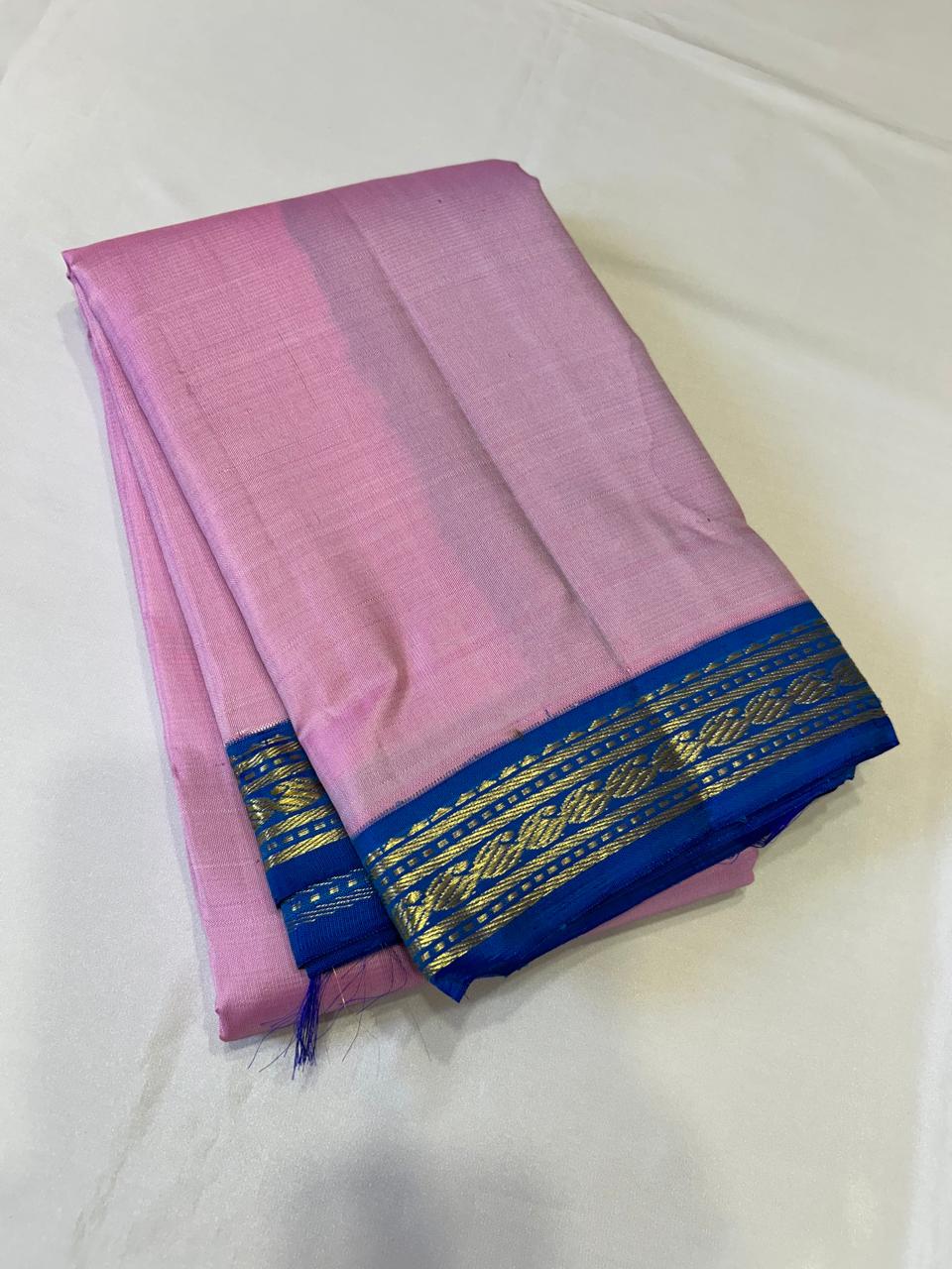 Classic Baby Pink & Royal Blue 2gm Zari Korvai Elegance Kanchipuram Handloom Silk Saree SS24802